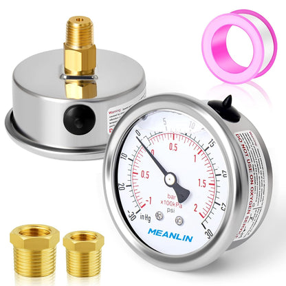 MEANLIN MEASURE -30inHG~30Psi Stainless Steel 1/8" NPT 2.5" FACE DIAL Vacuum Pressure Gauge, Center Back Mount, with 1/4" NPT and 3/8" NPT Hex Bushing
