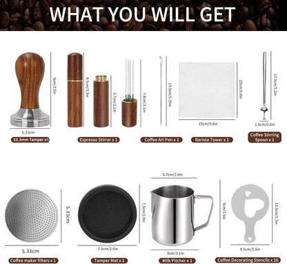 53.3mm Espresso Accessories Kit, 24PCS Coffee Tamper Set，Barista Kit, WDT Tool,stainlesss Frothing Pitcher, Stirrer, Tamper Mat, Latte Art Pen ， Coffee puck screen