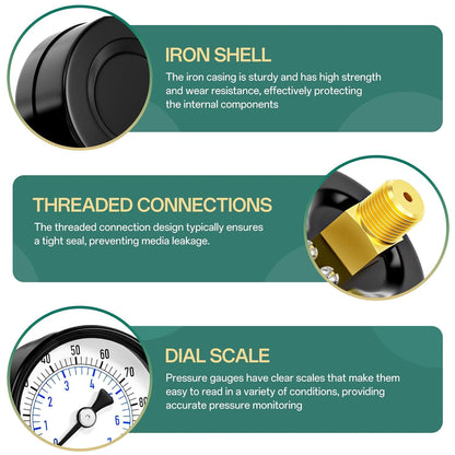 0-100psi Well Pump Pressure Gauge 1/4" NPT 2" Face Dial Size Back Mount, Multifunctional Practical Dry Pressure Gauge, for Water, Oil and Air Compressor