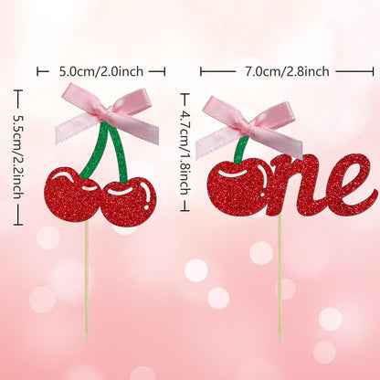 24 Pack Cherry 1st Birthday Cupcake Toppers, Glitter Cherry First Birthday Cake Pick for Fruits Theme One Birthday Party Cake Decorations Supplies (Ribbon One)