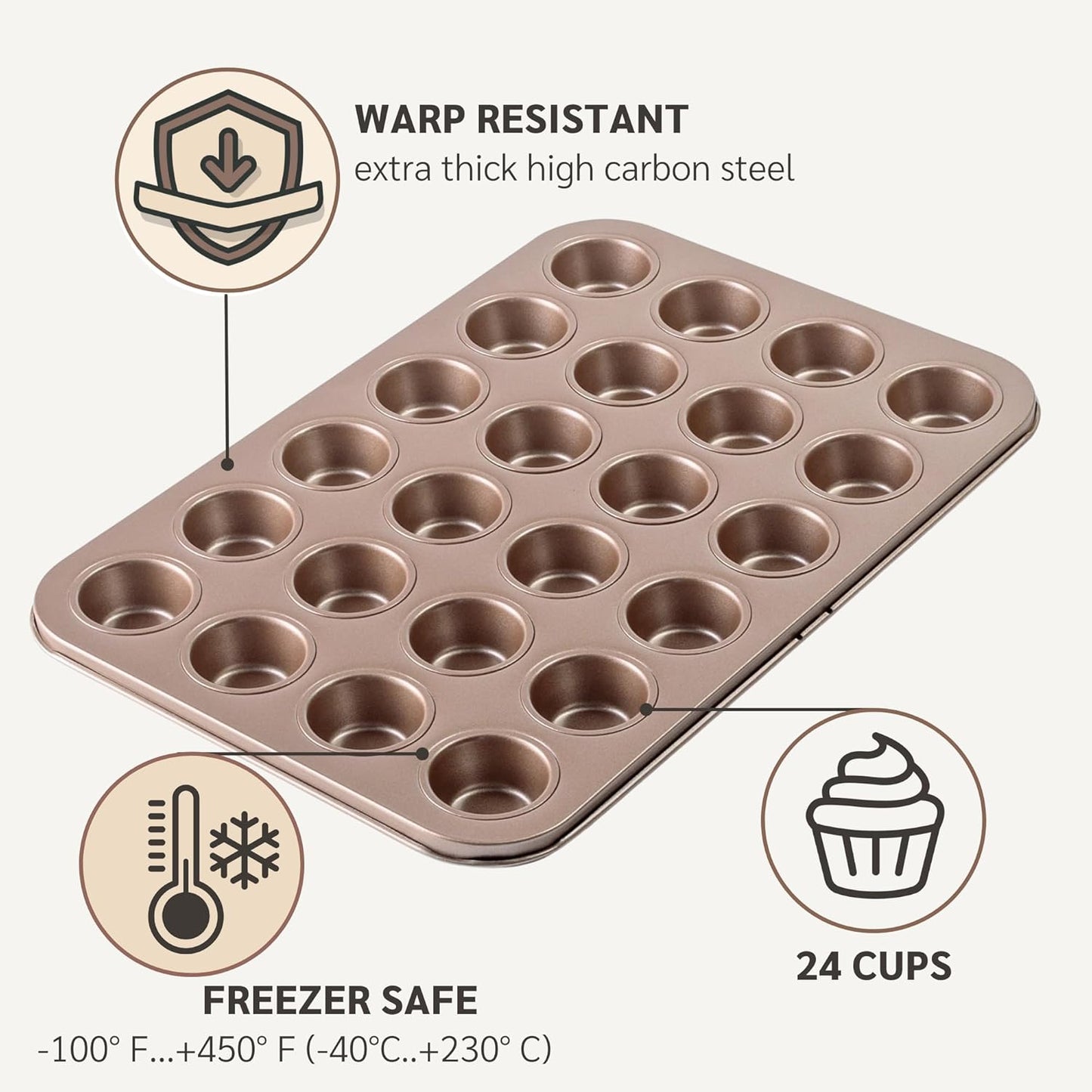 Non Toxic Nonstick 24 Cup Mini Muffin Pan | PFOA BPA free Nontoxic Mini Cupcake Tin | Best Non Stick Muffin Pans | Carbon Steel Small Muffin tins | Cupcakes Bakeware Mold