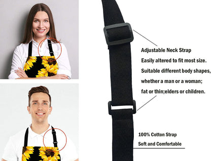 Sunflowers Black Tropical Flower Daisy Adjustable Bib Apron, Cute Floral Sunflower Cooking Kitchen Apron for Men Women