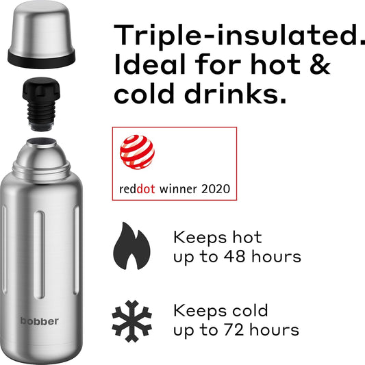 Bobber - 34 oz Vacuum Insulated Stainless Steel Water Bottle with Cup Lid - Dishwasher Safe - Keeps Drinks Hot for 48 Hours and Cold for 72 Hours - Double Walled Thermo Flask (Matte)