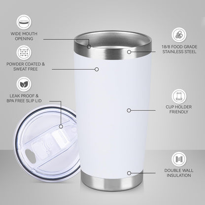 20 oz Tumbler Stainless Steel Tumblers Bulk with Lid Double Wall Insulated Coffee Tumbler Cups for Hot & Cold Drinks Powder Coated Travel Coffee Tumbler Mug Metal (White, 1 pack)