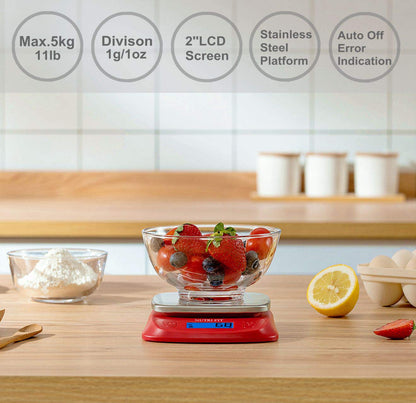 NUTRI FIT Ultra Slim Food Scale Digital Kitchen 1g Increment Measure in lb oz ml High Precision Weight in Grams and oz for Coffee Making, Meal Prep - Red/Stainless Steel