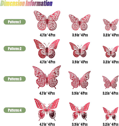 SAOROPEB 3D Butterfly Wall Decor - 48 Pcs, 4 Styles, 3 Sizes - Removable Stickers (Blood Red) for Birthday & Party Celebrations