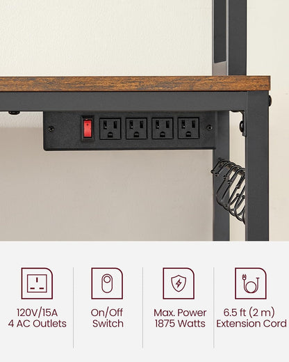 VASAGLE Hutch Bakers Rack with Power Outlet, 14 Hooks Microwave Stand, Adjustable Coffee Bar with Metal Wire Panel, Kitchen Storage Shelf, 15.7 x 23.6 x 66.9 Inches, Rustic Brown and Black UKKS037B01