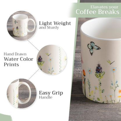Maison d' Hermine Coffee Mug with Handles Fine Bone China Mugs Pack of One Tea Cups for Hot Beverages Cappuccino Latte Home Restaurant Office Perfect for Gift (Botanical Fresh - Meadow, 12 Ounce)