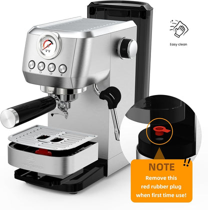 Espresso Machine 20 Bar, Espresso Coffee Maker with Professional Milk Frother Steam Wand for Cappuccino & Latte, 49oz Removable Water Tank for Home, Stainless Steel
