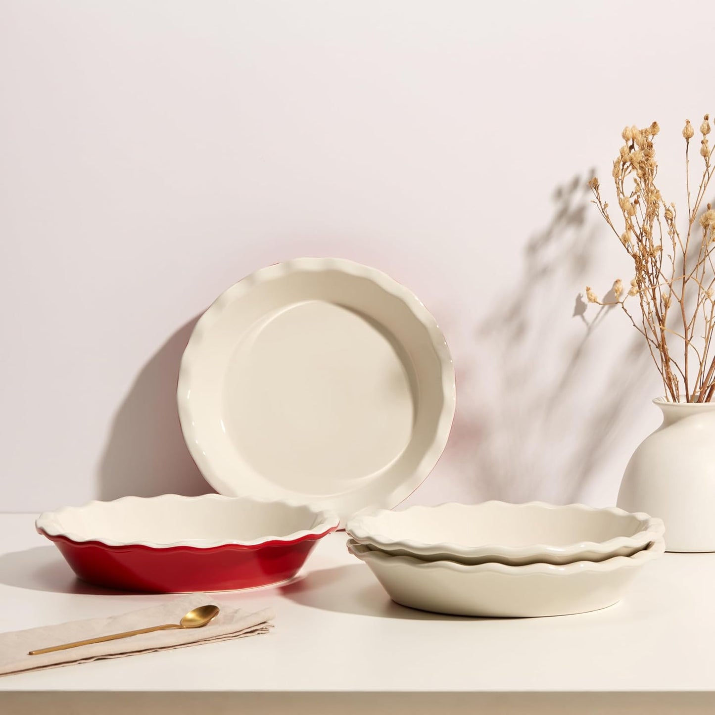 KooK Pie Pan, Ceramic Reusable Round Pie Dish, Quiche Baking Dish, Deep, Wave Edge, For Cakes, Tart, Casseroles, Tarts, Microwave, Oven and Dishwasher Safe, 9-Inch, 36 oz, Set of 2, Cherry