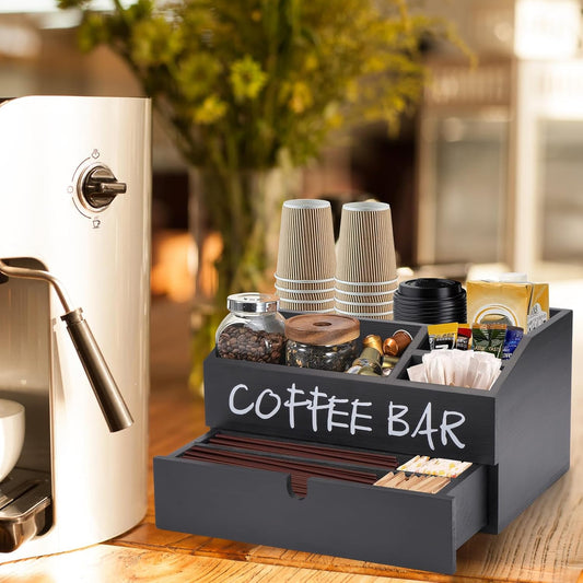 Coffee Station Organizer, Wood Coffee Bar Accessory with Drawer, K Cup Condiment Organizer & Pod Holder (30x20x16cm) - Black