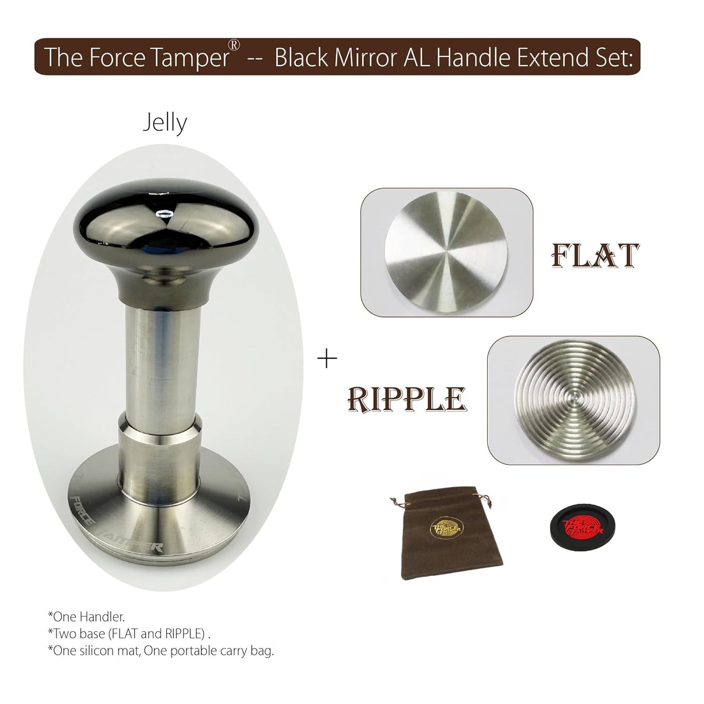 The Force Tamper Automatic Impact Adjustable Constant Pressure and Autoleveling Coffee Tamper Black Mirror Jellyfish AL Handle Set Pro (Extend Set, 58.35mm)