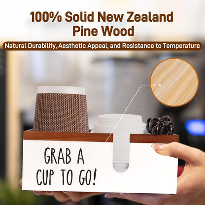100% Wooden Coffee Cups Holder with U-Shape Cutout Design for Countertop-Coffee Bar Organizer for Cups, Lids, Pods, Stirrers, and Accessories, Great Gift for Home or Office (White)