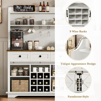 63 Inch Coffee Bar Cabinet with 3-Tier Storage, Kitchen Storage Cabinets with 3 Drawers, Farmhouse Coffee Bar with 9 Racks, 3 Glass Holders, Wine Bar for Living Dining Room, White