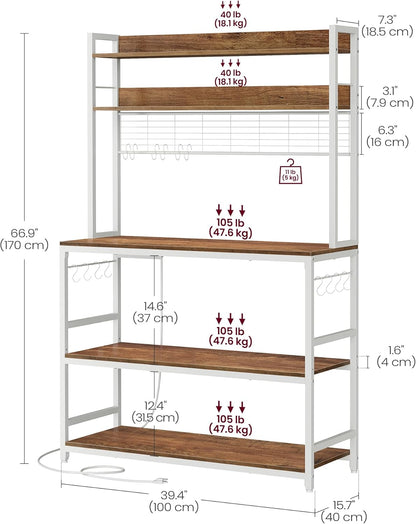 VASAGLE Hutch Bakers Rack with Power Outlet, 14 Hooks Microwave Stand, Adjustable Coffee Bar with Metal Wire Panel, Kitchen Storage Shelf, 15.7 x 39.4 x 66.9 Inches, Rustic Walnut and White UKKS038W41