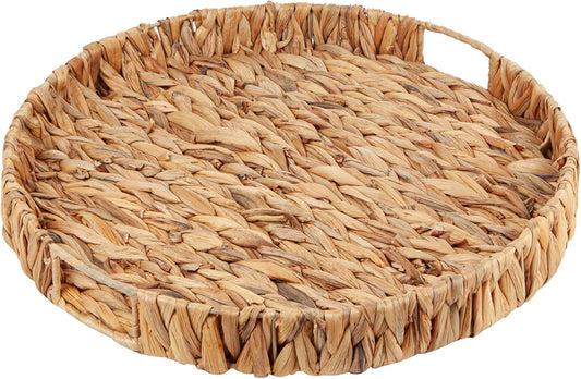 Round Ottoman Tray Large Wicker Serving Tray with Handles for Coffee Table, 16 Inch Handwoven Natural Water Hyacinth Tray