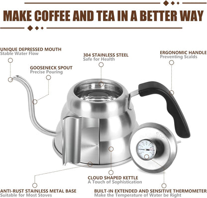 Pour Over Kettle for Manual Drip Coffee and Tea with Thermometer 28oz Gooseneck Kettle with Flow Control Stainless Steel Water Kettle for Stovetop,800ml,4 Cup,Silver,1Pack