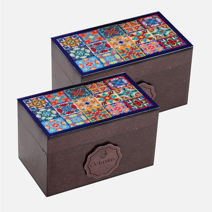 Octavius Assorted Tea Gift Set | 6 Assorted Black & Green Teas | 30 Teabags | Wooden Tea Sampler Pack w/Tile Motif Design | Pack of 2 | Mothers Day Tea Gift Box