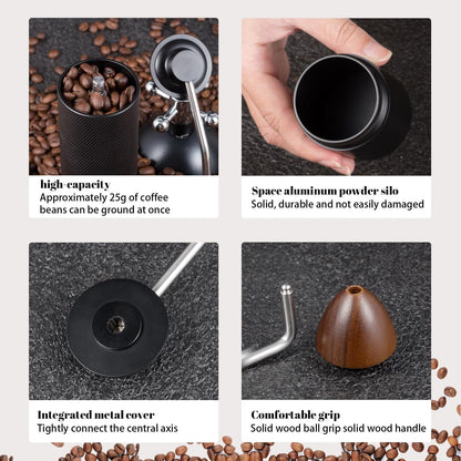 Manual Coffee Grinder Capacity 25 Grams, Stainless Steel Burrs - Wooden Handle, Burr Coffee Grinder for Home, Office, Camping, Hiking (Grey)