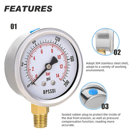 0-200 Psi Pressure Gauge, 2.5" Dial Size, 1/4" NPT Lower Mount, 304 Stainless Steel Case, Water Pressure Gauge Test for Pool Pump, Sand Filter, Air Compressor, Espresso(with Tape)