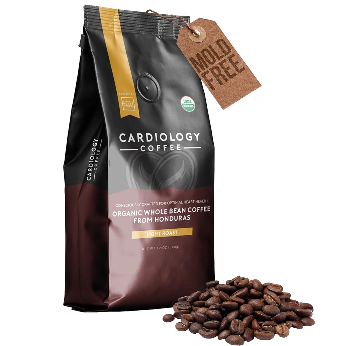 Cardiology Coffee – Whole Bean Coffee – USDA Certified Mold-Free 12oz Premium Light Roast Organic Coffee Beans with Antioxidant Benefits – Perfect for Heart Healthy Lifestyle