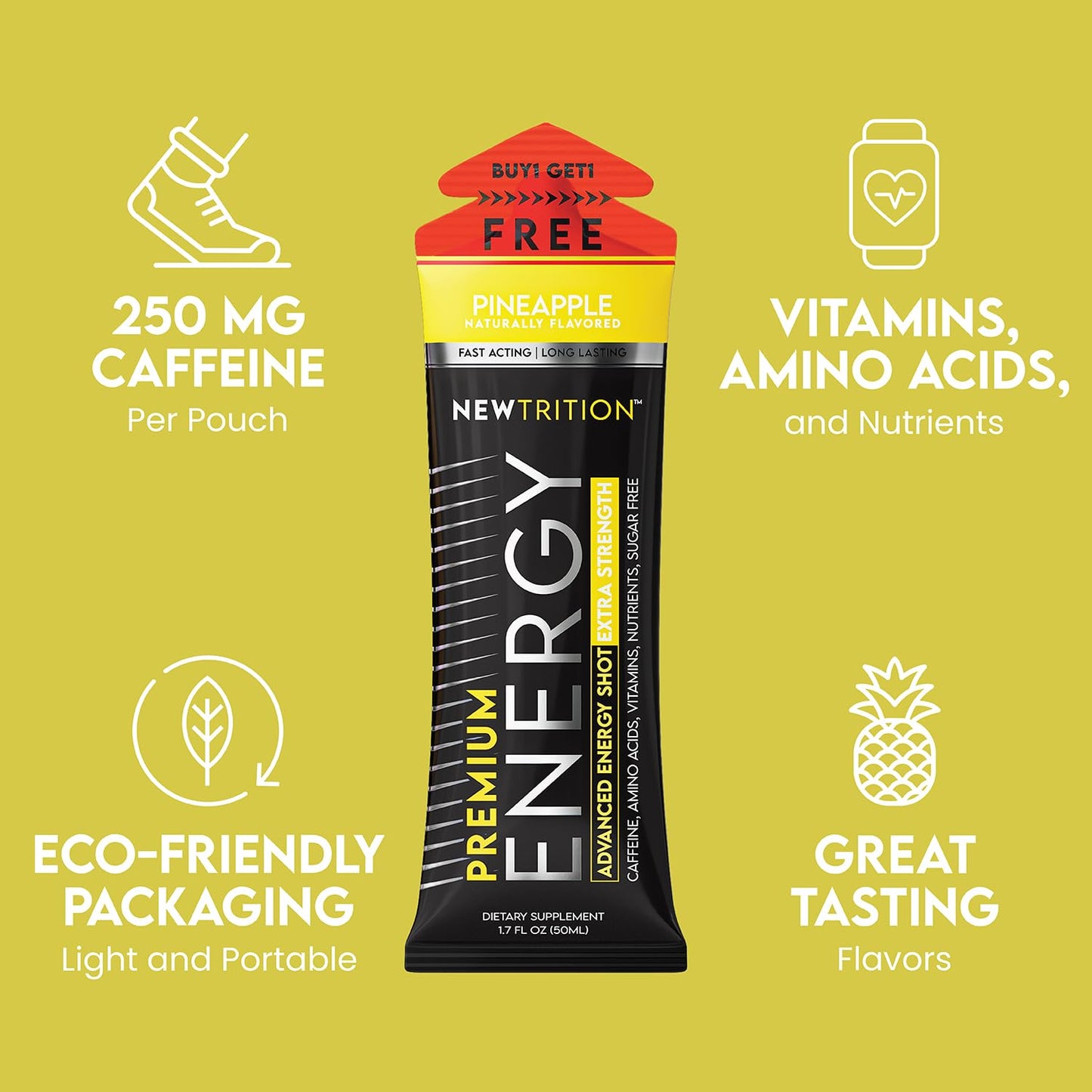 NewTrition® Extra Strength Energy Shots, 250mg Caffeine Energy Shots with Vitamin B & Amino Acids, Sugar-Free Vitamin Energy Shot, 1.7 fl oz (Pack of 12, Pineapple)