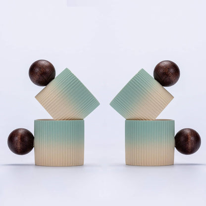 Ceramic Mini Espresso Cups Demitasse Cups with Round Wooden Handle Vertical Stripes Tea Cups (Beige&Green, 4pcs)