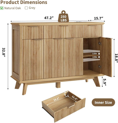 QUW Fluted Sideboard Buffet Cabinet with Charging Station, 47.2" Kitchen Storage Cabinet with Drawers and Adjustable Shelves, Modern Coffee Bar Kitchen Table for Dining Room, Living Room, Natural Oak