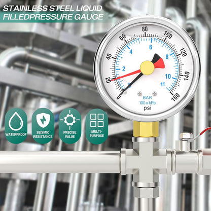 0-160PSI Stainless Steel with Reset Pointer Liquid Filled Pressure Gauge, 2.5" Dial Size, 1/4" NPT Lower Mount, for Tube, Water Pump, Gas, Liquid, Pressure Test
