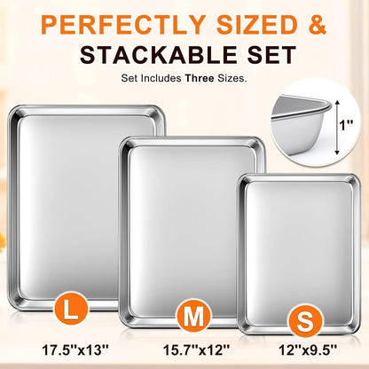 Baking Sheet Set of 3, Commercial Grade Stainless Steel Cookie Sheets for Baking, 12/16/17.5 Inch, Thicker and Firmer Baking Pans Set, Rust & Warp Resistant & Nonstick, Nontoxic&Heavy Duty&Easy Clean