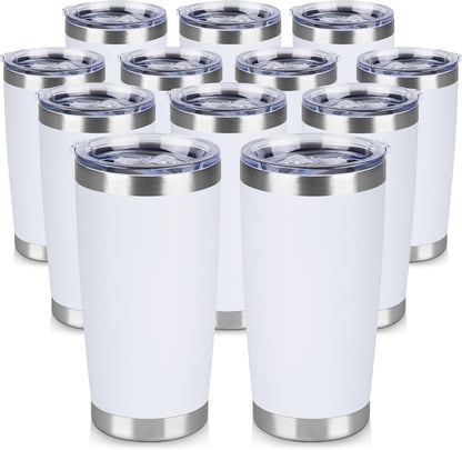 20 oz Tumbler Stainless Steel Tumblers Bulk with Lid Double Wall Insulated Coffee Tumbler Cups for Hot & Cold Drinks Powder Coated Travel Coffee Tumbler Mug Metal (White, 12 pack)