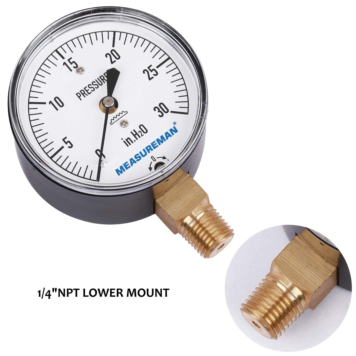 MEASUREMAN Diaphragm Type Capsule Low Pressure Gauge 2-1/2" Dial, 1/4" NPT Lower Mount, Adjustable, 0-30 in H2O(Inches of Water)