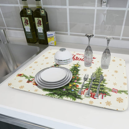 Christmas Tree Dish Drying Mat 18x24 for Winter Xmas Tree Snowflake Kitchen Counter Decor Absorbent Reversible Microfiber Xmas Tree Dishes Pad Dish Drainer Rack Mats Kitchen Accessories