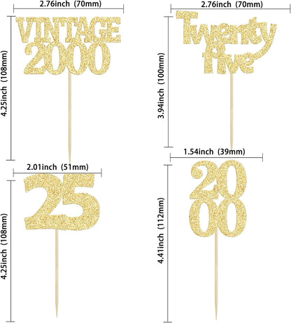 Gyufise 24Pcs Cheers to 25 Cupcake Toppers Glitter Twenty-five Vintage 2000 25th Birthday Cupcake Picks Hello 25 Years Birthday Cake Decorations for Happy 25th Anniversary Party Supplies Gold