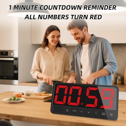 Extra-Large Display Digital Kitchen Timer with 7.4” LED Screen, 6 Alarms & 4 Volume Levels, 3 Memory Presets, Magnetic Stand Rechargeable Count Down/Up Timer for Cooking Home Gym, Black