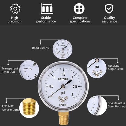 0-3 Psi Low Pressure Gauge, Capsule Gauge with 304 Stainless Steel Case, 2.5" Dial Size, 1/4" NPT Lower Mount, Zero Adjustment, for Air Water Gas Pressure Test