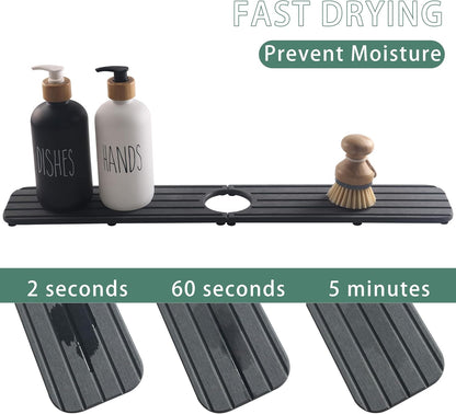 ZumenDa 23.6inch x 4inch Kitchen Sink Faucet Mat, Water Absorbing Stone Faucet Splash Guard for Bathroom Counter, Quick Drying Diatomite Tray for Kitchen Sink, Dark Gray