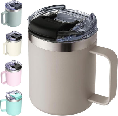 ALOUFEA 12oz Insulated Coffee Mug Cup with Handle, Stainless Steel Travel Coffee Mug with Flip Lid, Double Wall Vacuum Coffee Tumbler,Apricot
