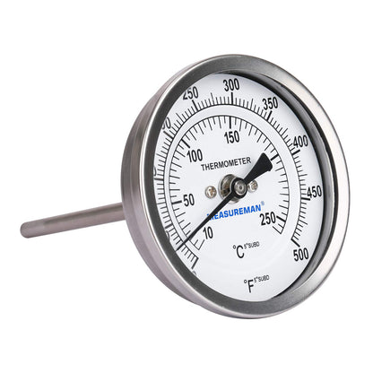 Measureman Fully Stainless Steel Bimetal Dial Thermometer, 3" Dial, 4" Stem, 50-500 deg F/10-260 deg C, -1% Accuracy, Adjustable, 1/2" NPT Back Mount