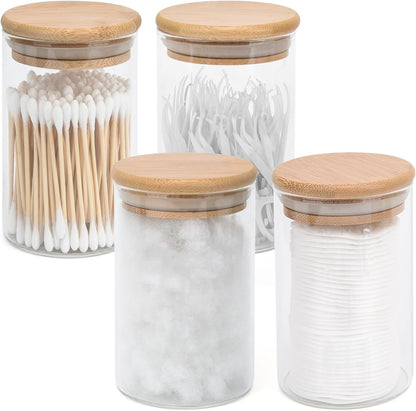 4 Pack Glass Qtip Holder Dispenser Set - Apothecary Jars with Lids for Vanity Makeup Organizer - Bathroom Canister Storage Organizer for Cotton Ball, Swab, Round Pads,Floss