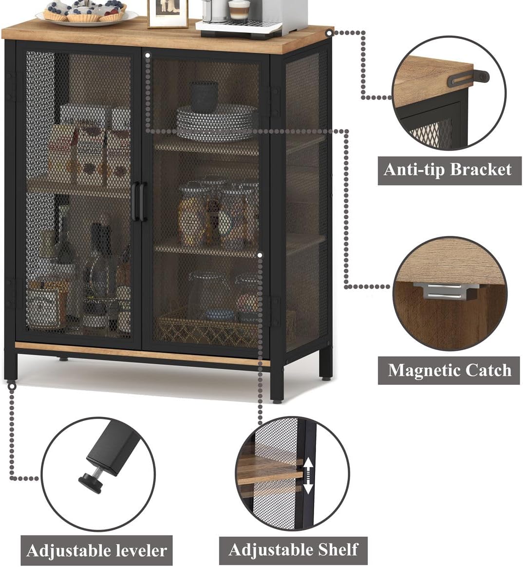 BON AUGURE Coffee Bar Cabinet with Storage for Home Kitchen, Rustic Liquor Cabinet for Entryway, Small Industrial Buffet Sideboard Cabinets for Dining Room (Vintage Oak)