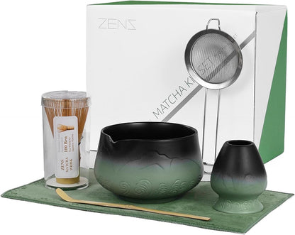 ZENS Matcha Whisk Set, 15oz Matcha Set with Bowl and Bamboo Whisk, Sifter, Scoop, (Chasen Holder) -Tea Towel, 6pcs Matcha Kit Chawan for Matcha-Making, Sage Green