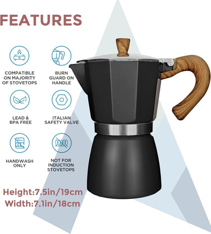 AGOGO Milano Moka pot, Stovetop Espresso maker, Greca Coffee Maker, Stovetop coffee maker and espresso maker percolator With Paper Filter 6 Cup Black