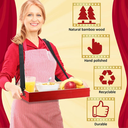 Marsui 2 Pcs Halloween Snack Trays with Straps 15 x 11 x 2 Inch Wooden Movie Night Snack Drink Trays Vendor Usherette Popcorn Drink Beverage Carrier for 20's Theme Carnival Party Costume(Red)