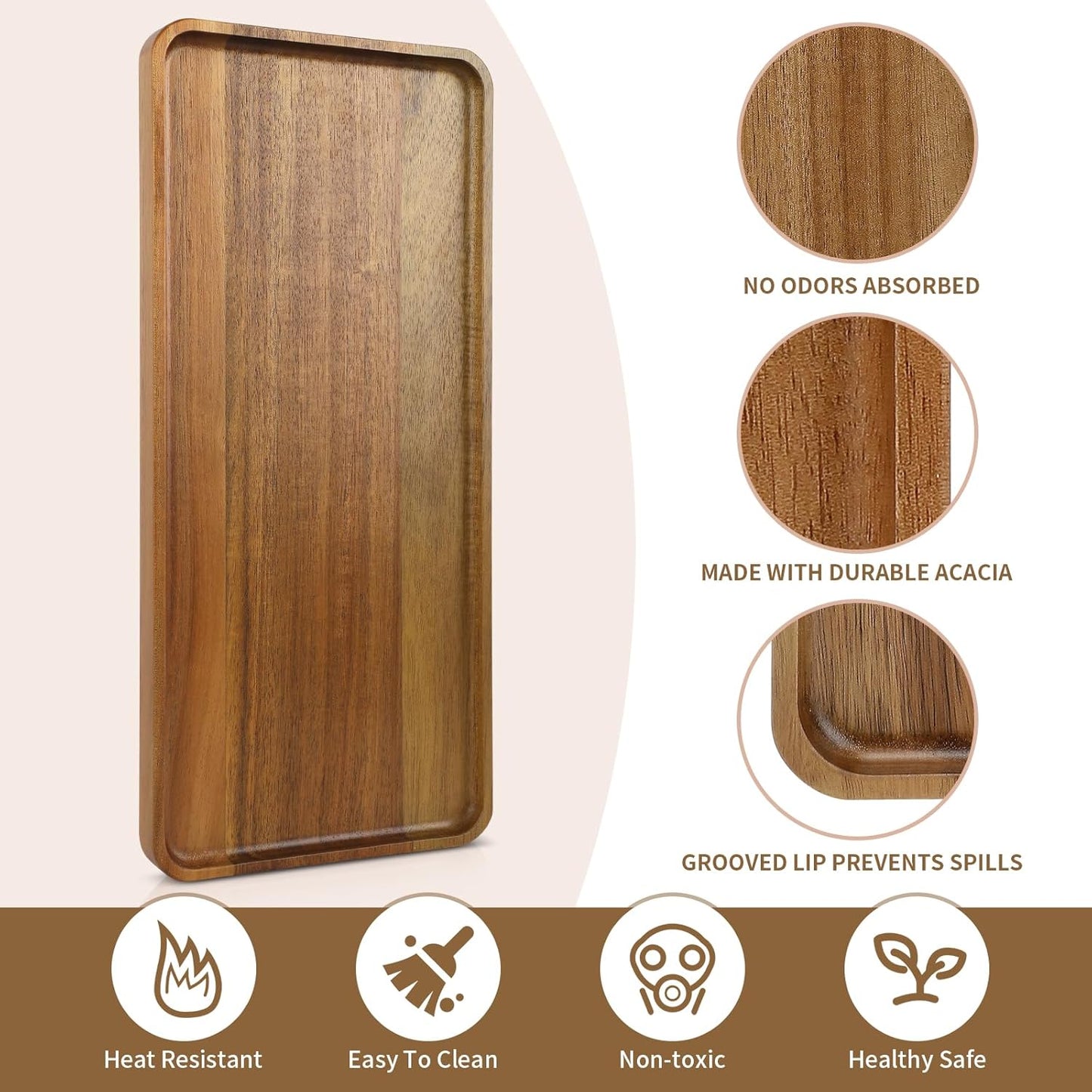 2 pcs 15.7" x 7" Large Solid Acacia Wood Serving Trays Rectangular Wooden Serving Platters Natural Wooden Boards for Bar Coffee Party