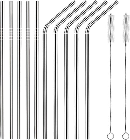 Set of 10 Stainless Steel Straws, HuaQi Bent Reusable Drinking Straws 10.5'' Long 0.24‘’ Dia for 30 oz Tumbler and 20 oz Tumbler, 2 Cleaning Brush Included