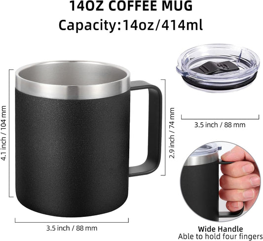 Volhoply 14oz Insulated Stainless Steel Coffee Mug with Lid Bulk 2 Pack,Double Wall Vacuum Travel Coffee Cup with Handle,Reusable Cups Tumbler,Camping Mugs Keep Hot,Ideal Gifts(Black,2 Set)