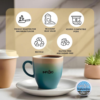 InfuSio Coffee Pods 96 Count Guatemalan Medium Light Roast Single serve Coffee pods for Keurig K Cup® Brewers - InfuSio Premium Roasted Keurig 2.0 Compatible