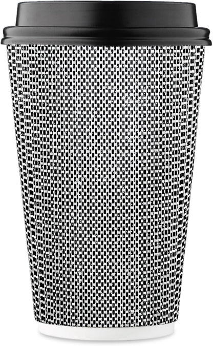 [85 SET]Harvest Pack 16 oz Coffee Cups, Disposable Insulated Coffee Cups, Ripple Double-Walled Paper Cups with Lids, Black and White Geometric, Drinking Cups for Tea Hot Chocolate Drinks To go