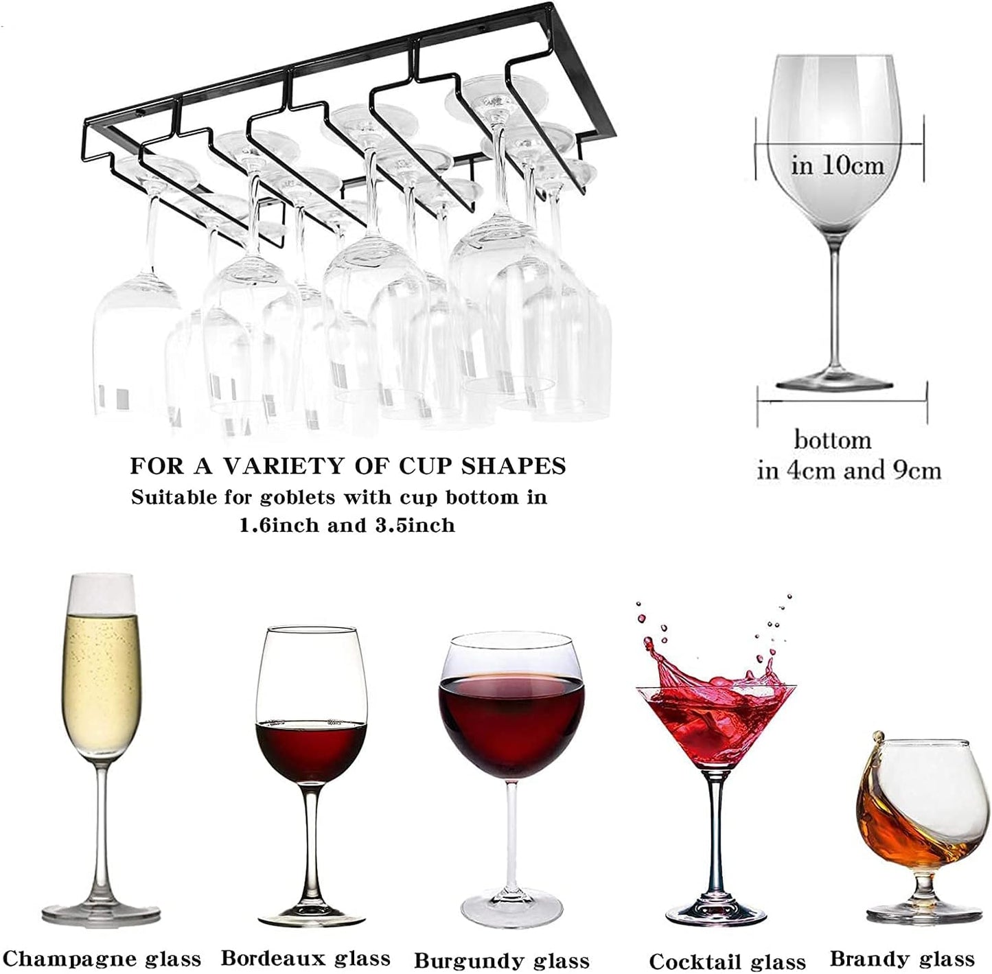 Wine Cup Holder Table Decoration Storage Hanger Metal Organizer for Bar Kitchen Stemware Rack Under Cabinet Stainless Steel Hanger Storage Shelf Black (Black, 4 Rows 2 Packs)